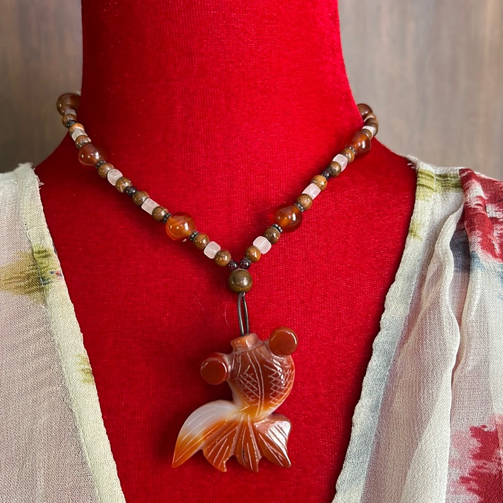 Carnelian Koi Drop Chalcedony Carnelian Jade Bead Necklace Handmade